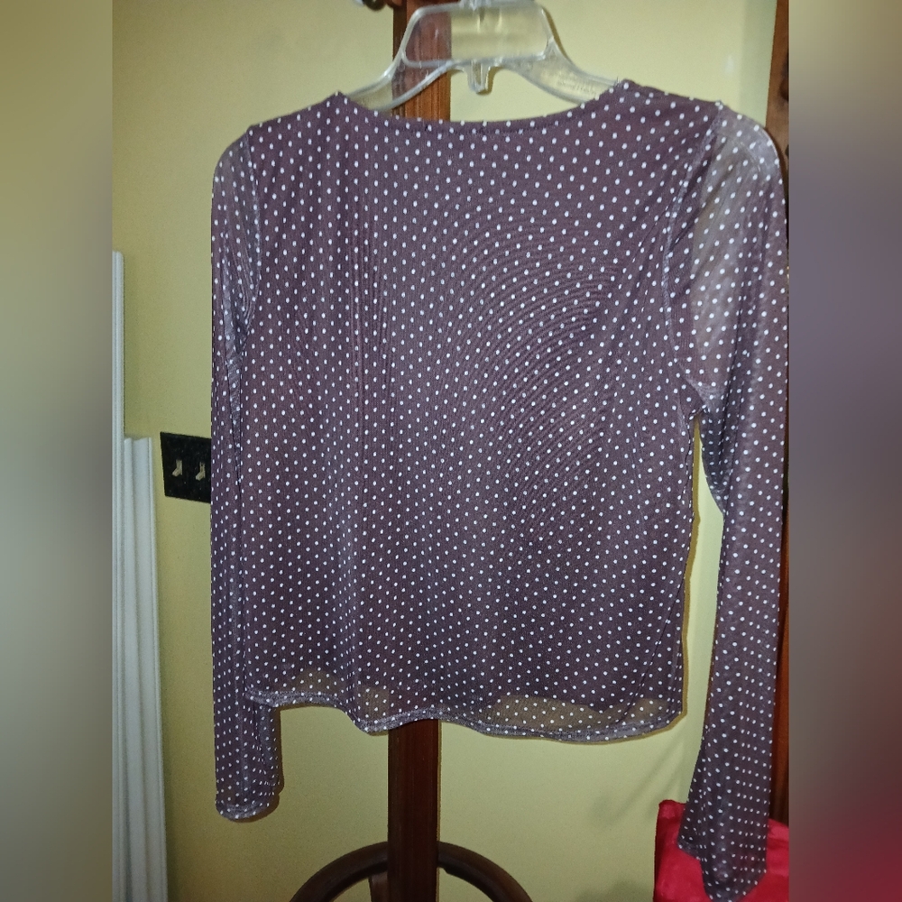 Electric Behaviour Brown Polka Dot Mesh Top Semi-Sheer Y2K Cottagecore Sz Medium - Picture 4 of 7